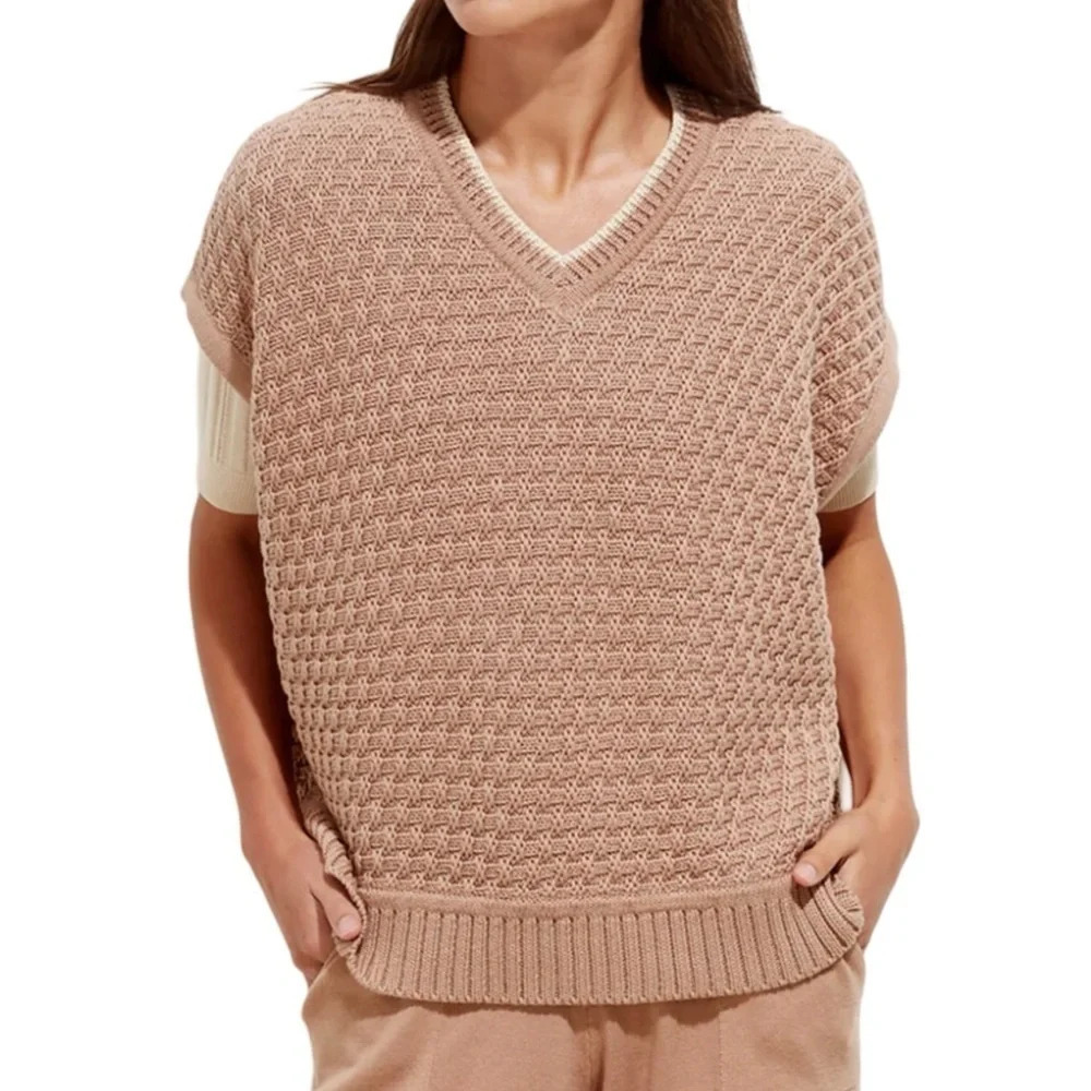 Oyun Field Vest Womens One Size Sweater Vest Poncho Tan Caftan Cotton Preppy